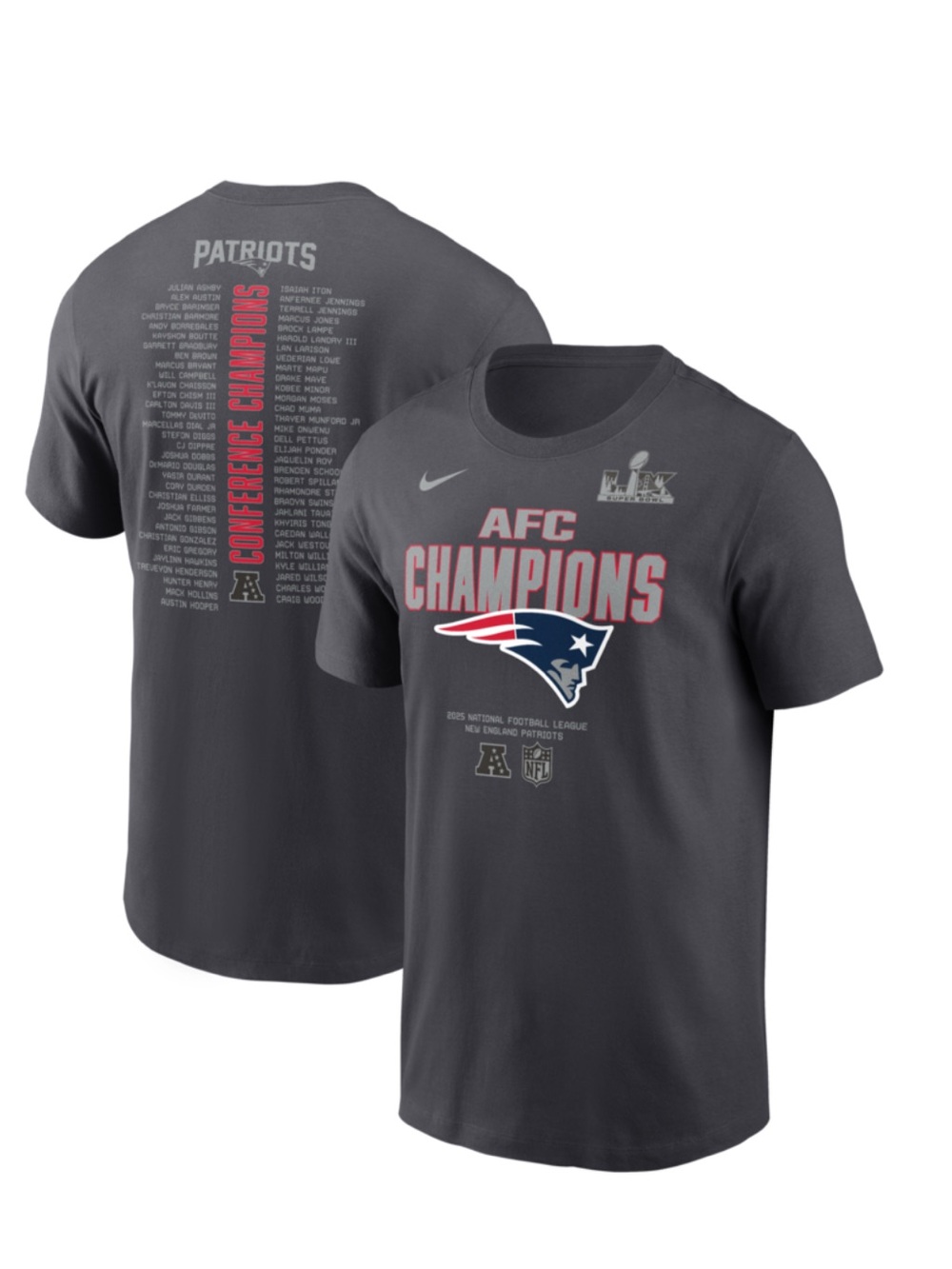 Nike Anthracite New England Patriots 2025 AFC Champions Roster T-Shirt men’s new